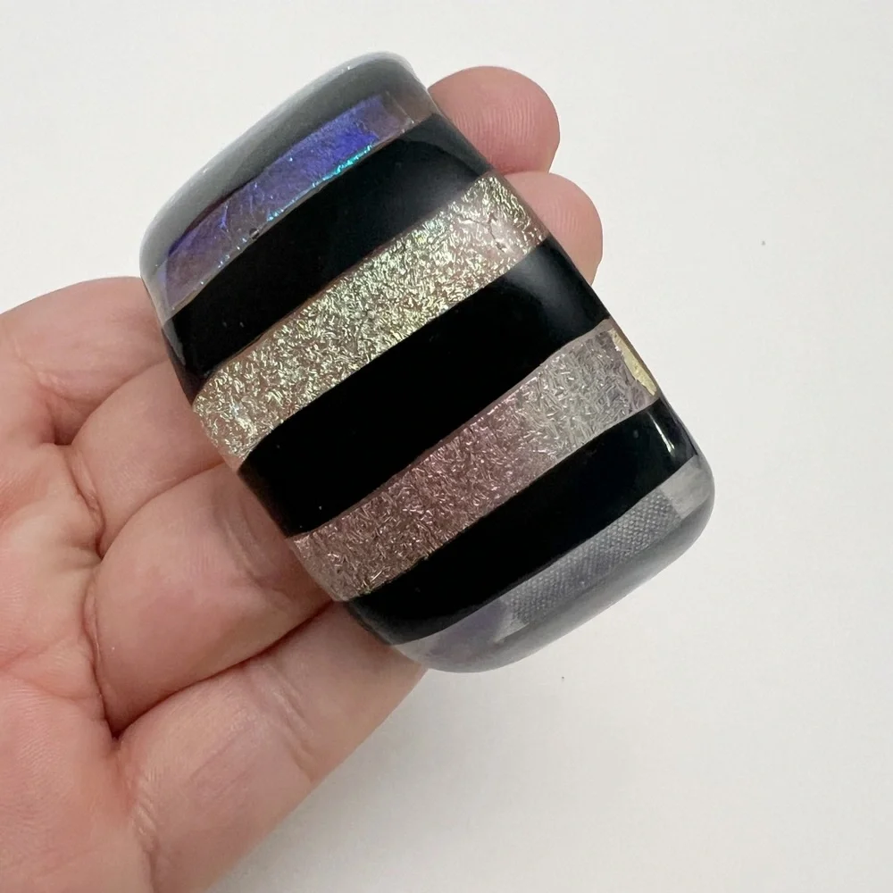 Handmade Glass Black Rainbow Dichroic Iridescent Stripe Cuff Bracelet Denmark